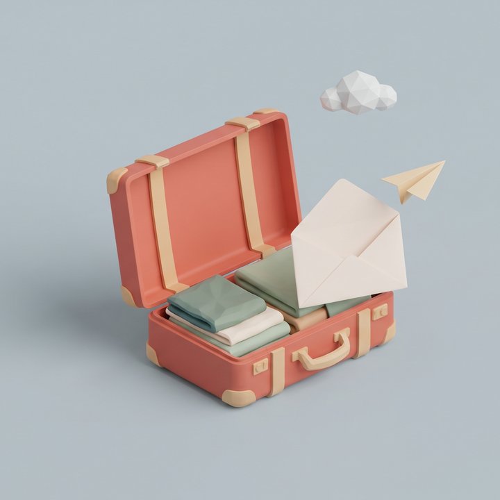 Mala de viagem 3D com envelope e avião de papel
