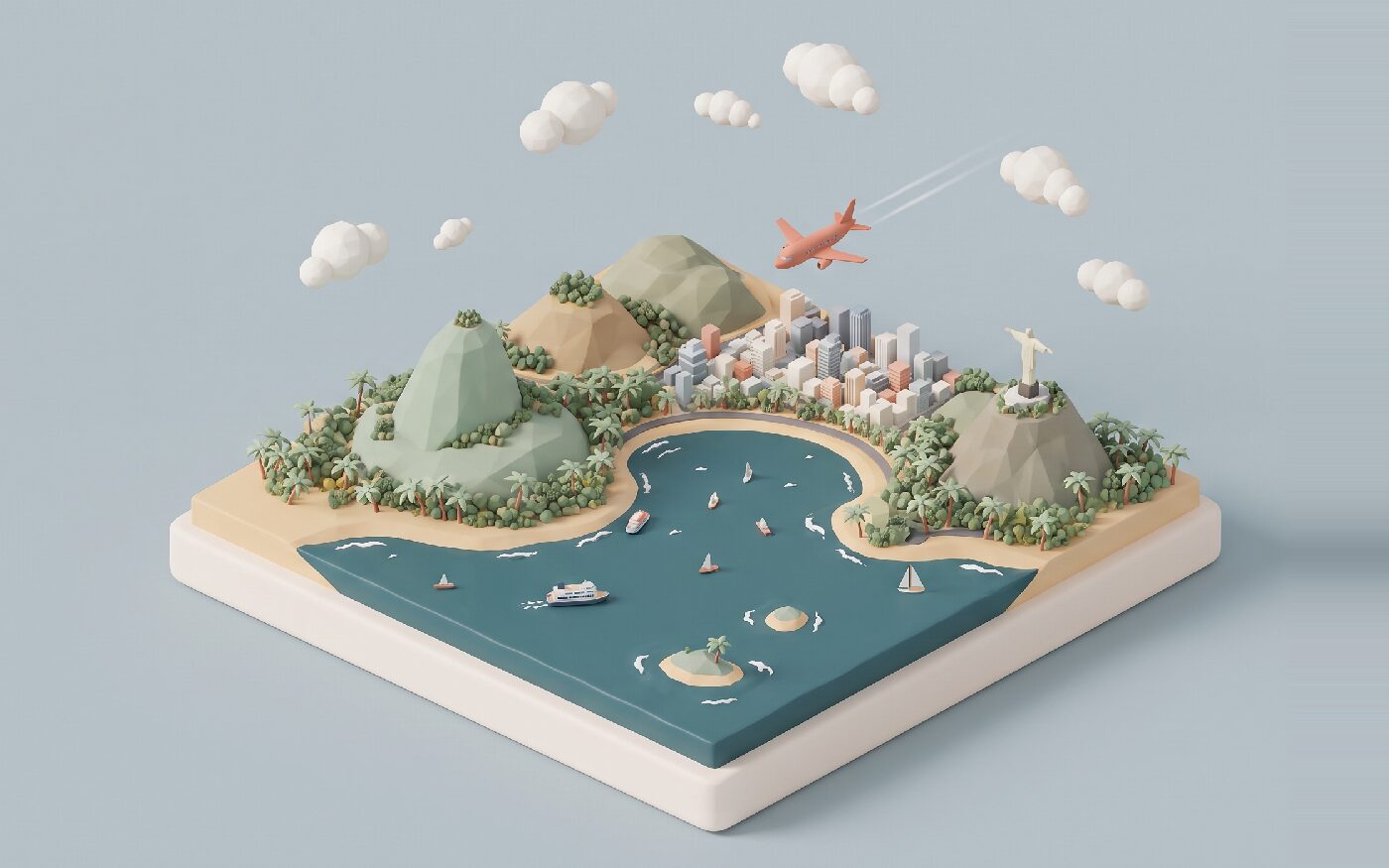 Maquete 3D do litoral brasileiro com o Pão de Açúcar e o Cristo Redentor