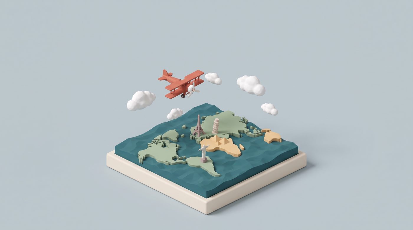 Maquete 3D de um mapa-múndi com um biplano e nuvens